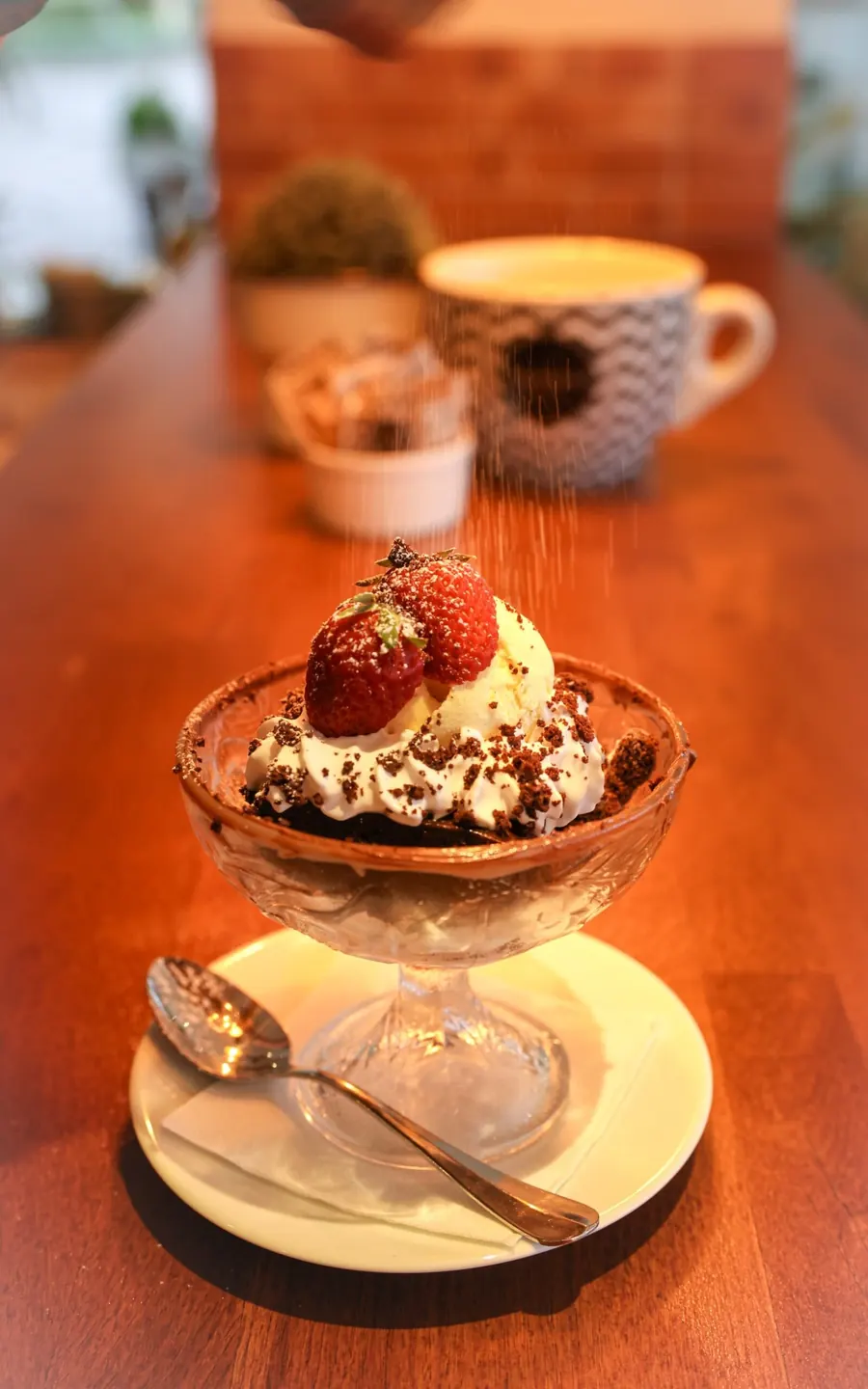 Hausgemachtes Dessert mit Eis und Früchten